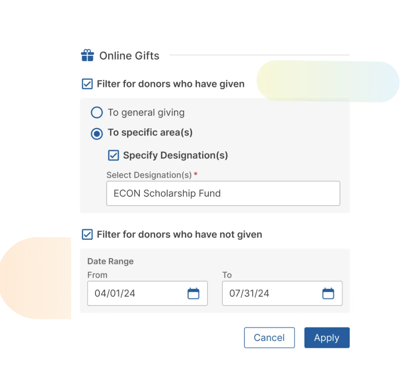 GC Outreach user interface displaying donor filtering options.