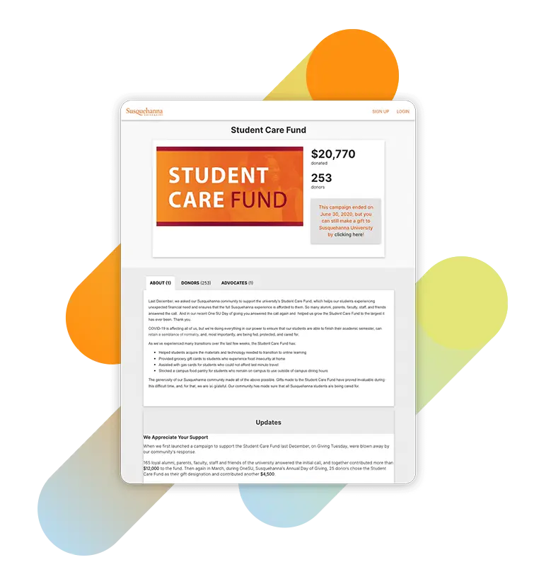 Susquehanna University's Student Care Fund campaign page.