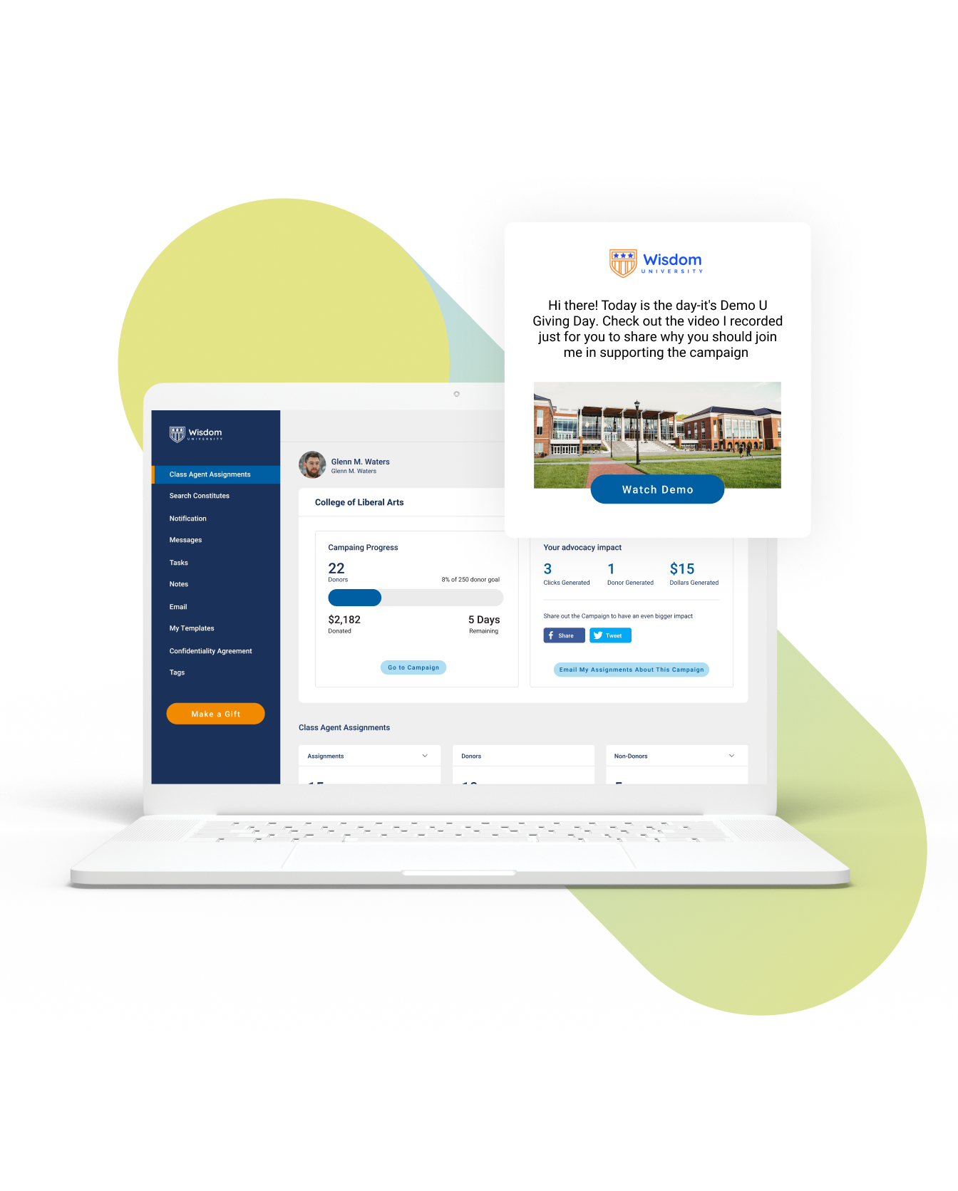 Volunteer Management dashboard diplaying class agent assignments, campaign progress, and advocacy impact.