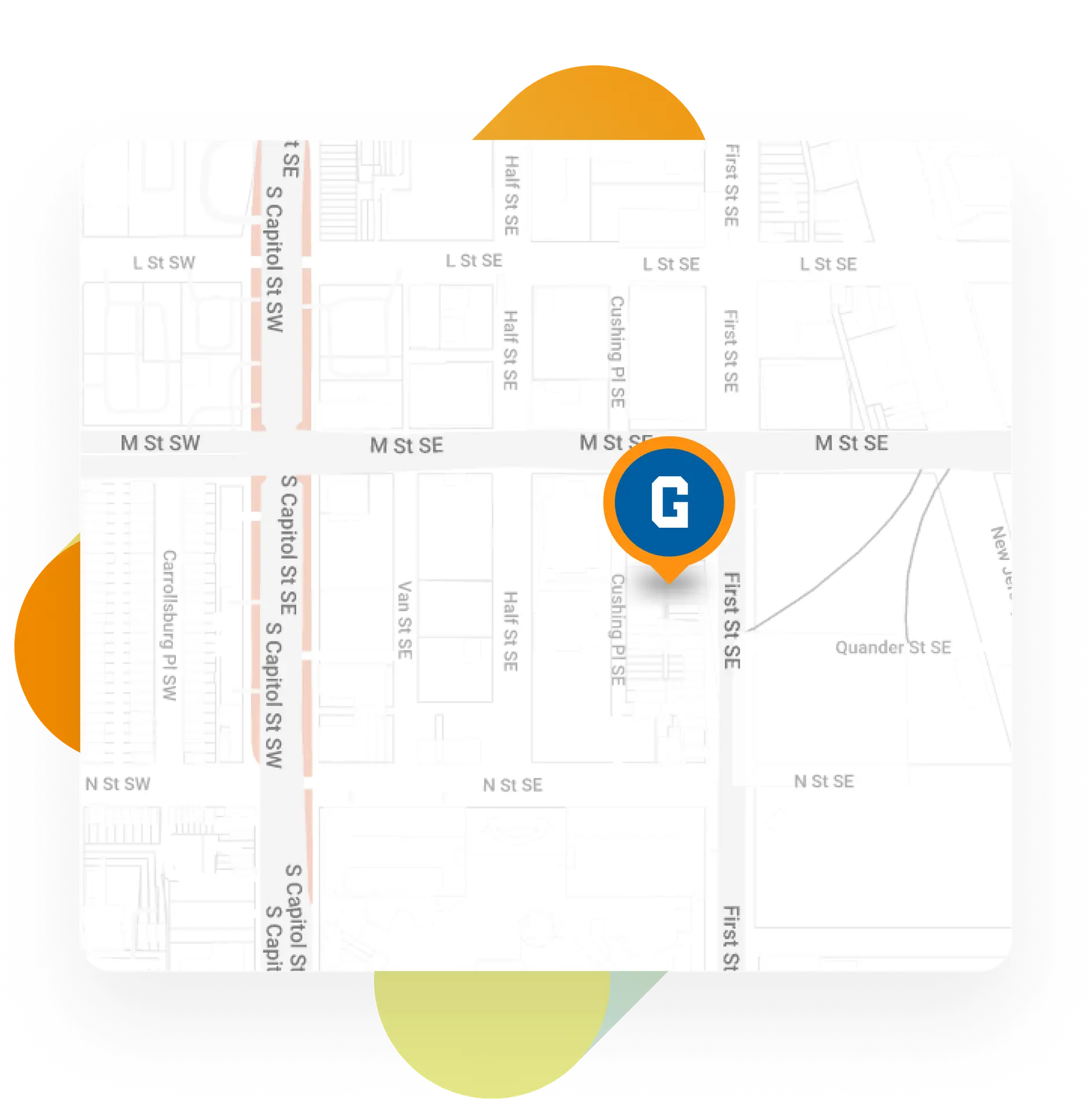 Map of Washington, DC area with pin identifying GiveCampus headquarters.