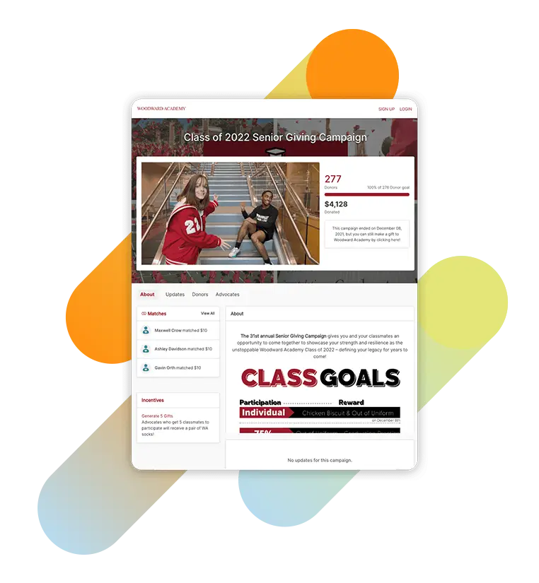 Campaign page for Woodward Academy's annual senior giving appeal.