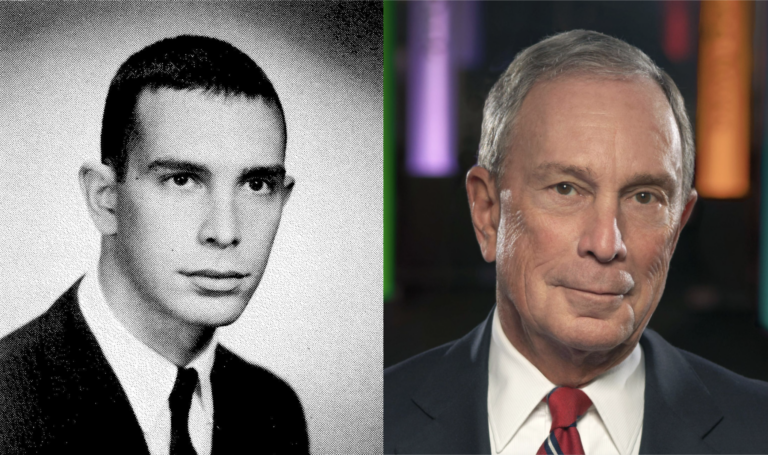 Side-by-side images of Michael Bloomberg: (left) from the 1964 edition of the Hullabaloo yearbook produced by Johns Hopkins University and (right) a recent headshot from Bloomberg Philanthropies.