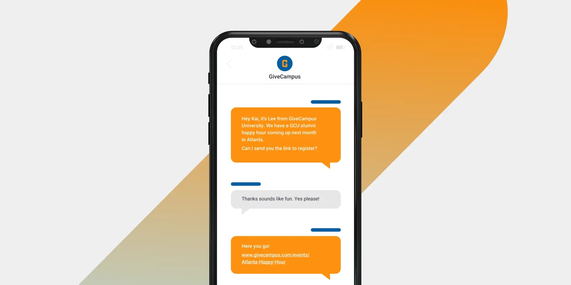 Mobile phone displaying GiveCampus Texting app.