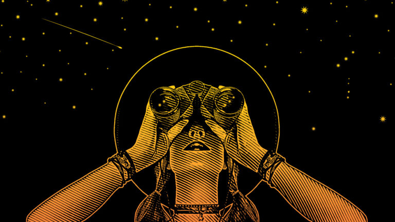 Woman looking at night sky with binnacualrs