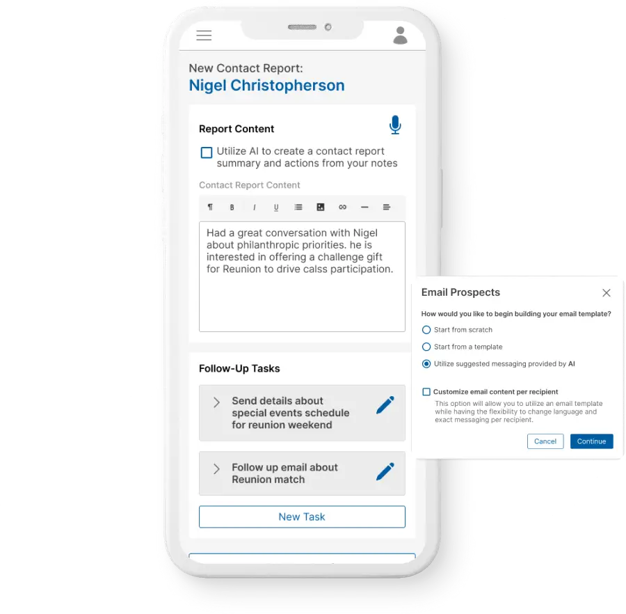 Mobile phone displaying GC Gift Officer user interface. Includes a contact report, follow-up tasks, and an inset Email Prospects screen.