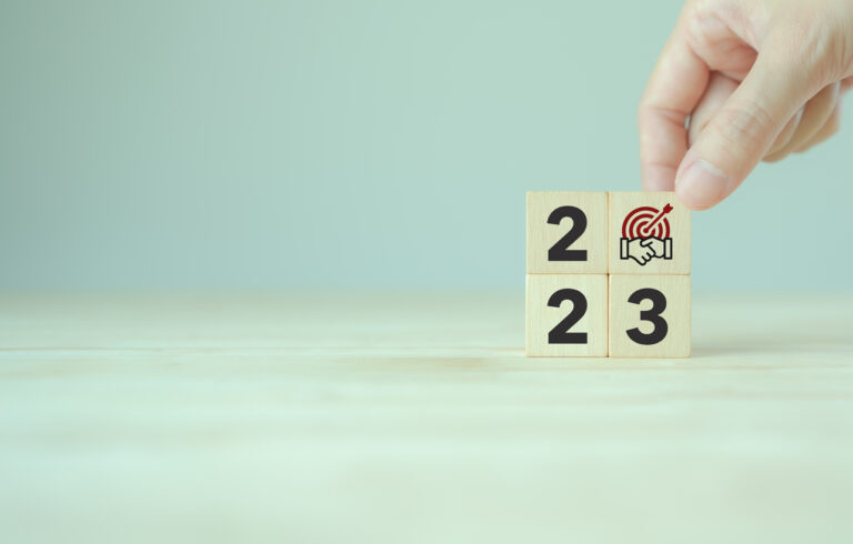 2023 Business common goals and strategies concept. Wooden cubes with text 2023, common goal and strategy icon. Business ecosystem and partnership, team collaboration strategies for goal achievement.