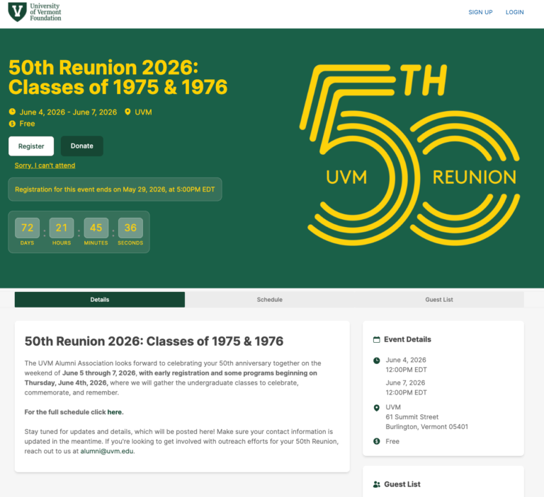 University of Vermont 50th Reunion on GC Events