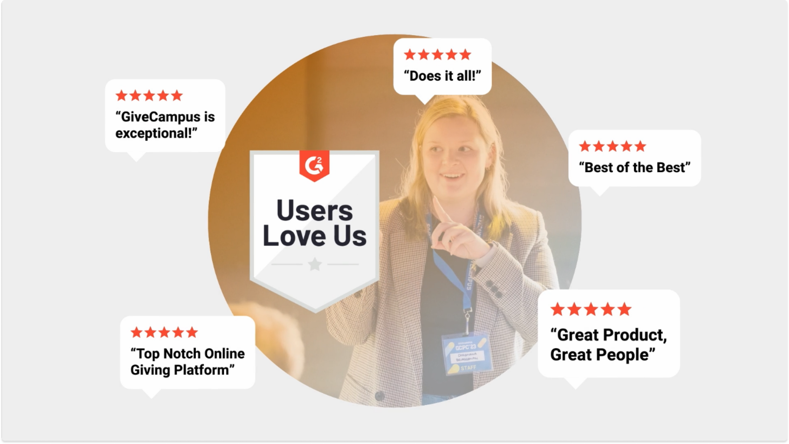 "Users Love Us" badge surrounded by 5-star review captions