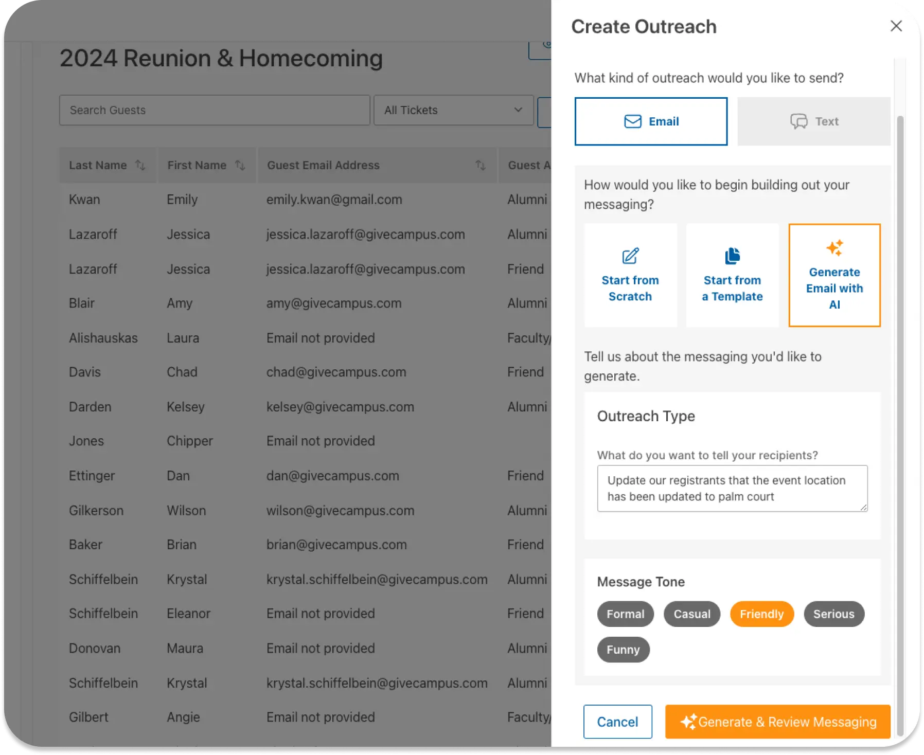 User interface displaying generate outreach capability