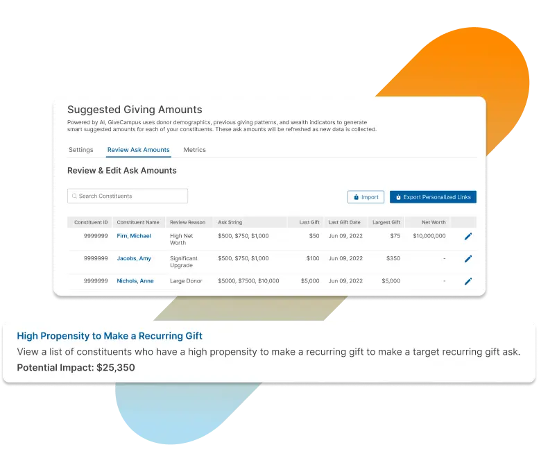 Suggested giving amounts user interface screen