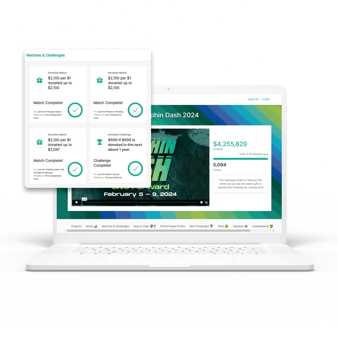 Social fundraising campaign page displayed on laptop with inset of Matches and challenges.