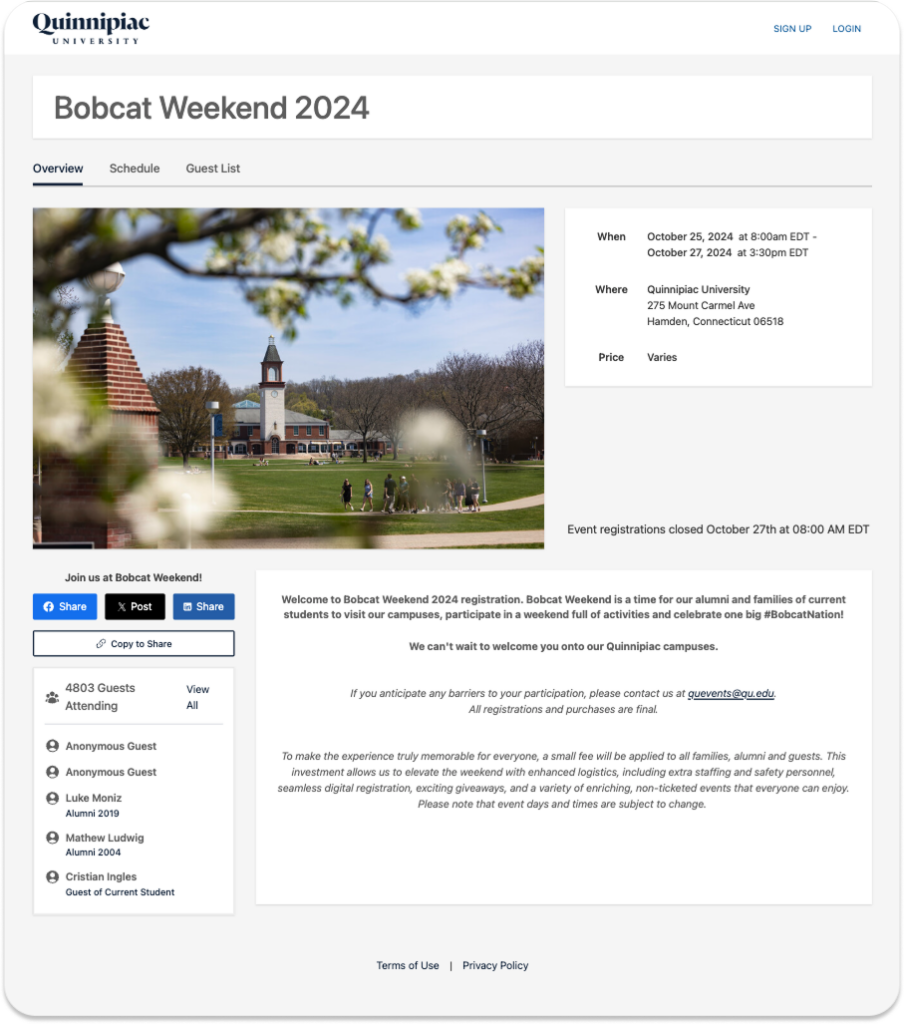 Event page for Quinnipiac University's Bobcat Weekend.