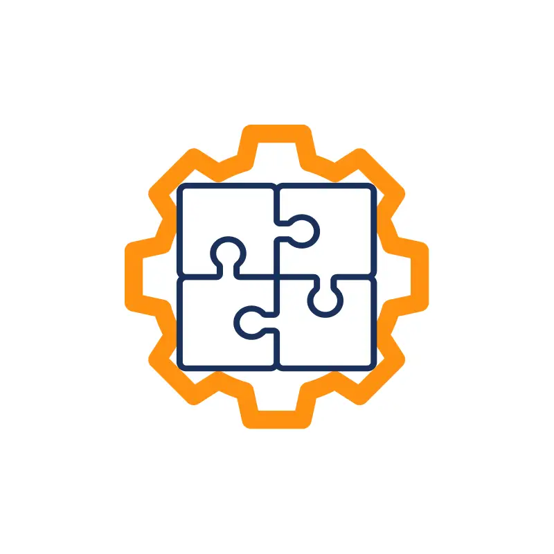 Outline of a gear with interlocking puzzle pieces inside (representing flexible integration pathways).