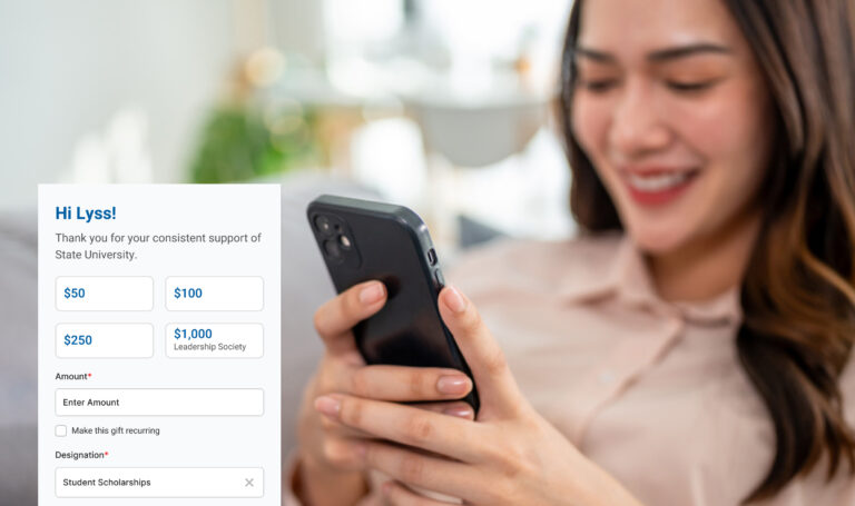 Woman completing giving form on mobile phone with inset of form UI displaying personalization.