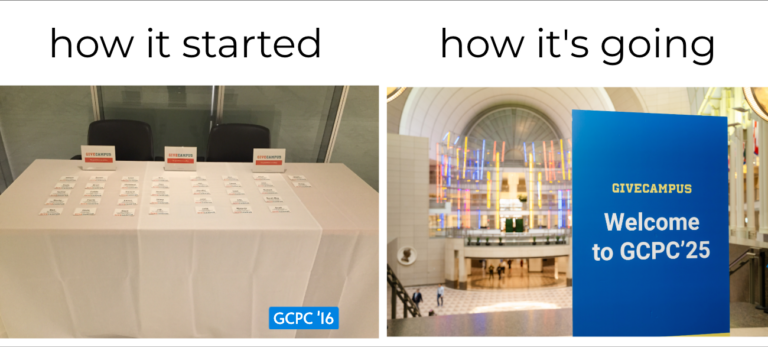 How it started, how it's going meme showing modest table with several dozen name tags -vs- the sprawling Ronald Reagan Building and International Trade Center atrium with a Welcome to GCPC 2025 sign.