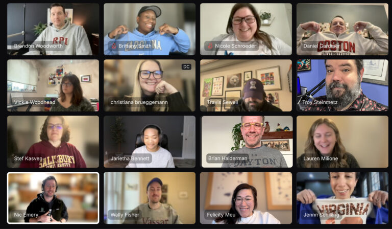 Screen Capture showing 16 GiveCampers on a Zoom call, sporting alma mater gear.