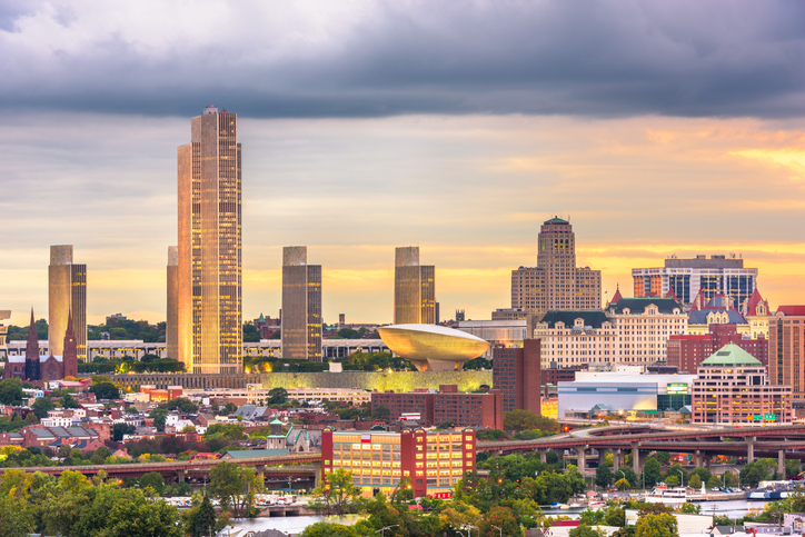 Albany, New York, USA downtown city skyline at dusk.