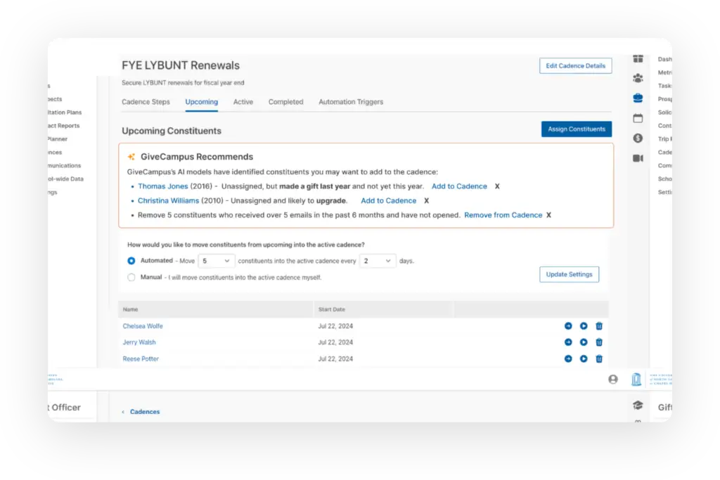 GC Gift Officer user interface displaying a fiscal-year-end Smart Segments cadence targeting LYBUNT renewals.
