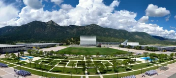 Us Air Force Academy campus with mountains in the background.