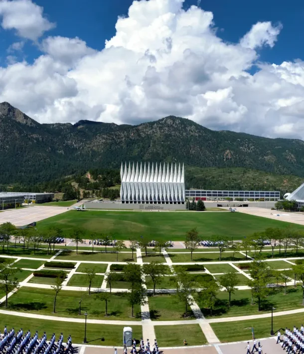 Us Air Force Academy campus with mountains in the background.