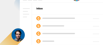 Representation of email inbox with two inset pictures of people: one is a support person and the other is customer.