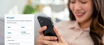 Woman completing giving form on mobile phone with inset of form UI displaying personalization.