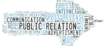 Word cloud in the shape of an arrow featuring the words Press Release, Communication, Information, and more.