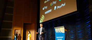 Head of Product Jennn Schilling and CEO Kestrel Linder presenting the Product Plenary on the main stage at GCPC 2025.