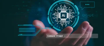 Hand holding a computer graphic of AI prompts