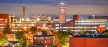 Ann Arbor, Michigan, USA town skyline at twilight.